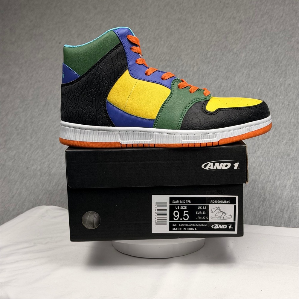 AND1 Slam Mid TPR Basketball Shoes Black Yellow Fairway AD90206MBYG Mens 9.5